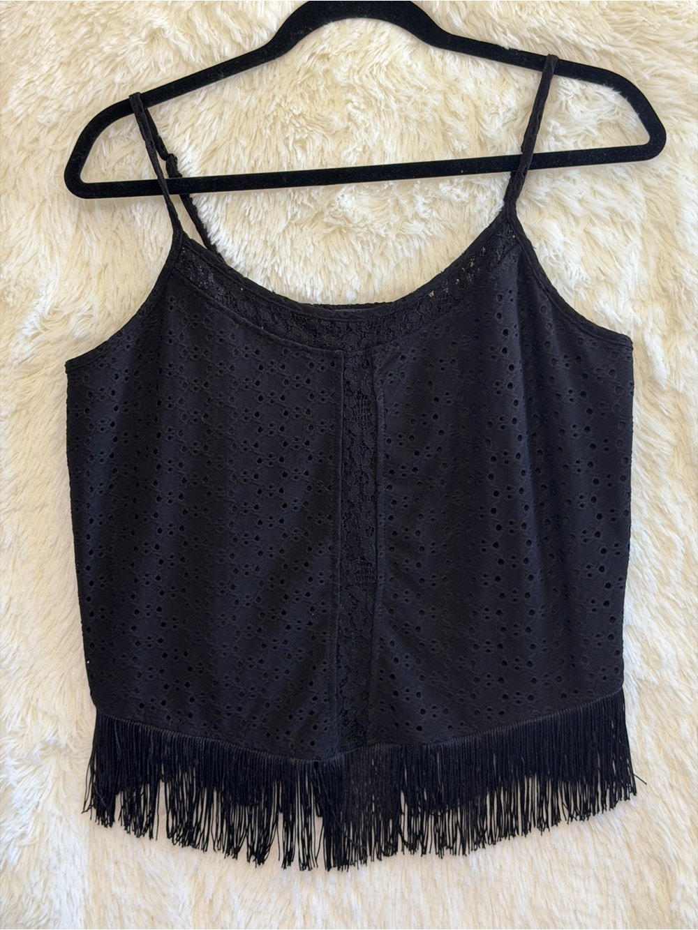 Warehouse One Womens Boho Western Eyelet Tank Top Size L Black Fringe Hem Lace